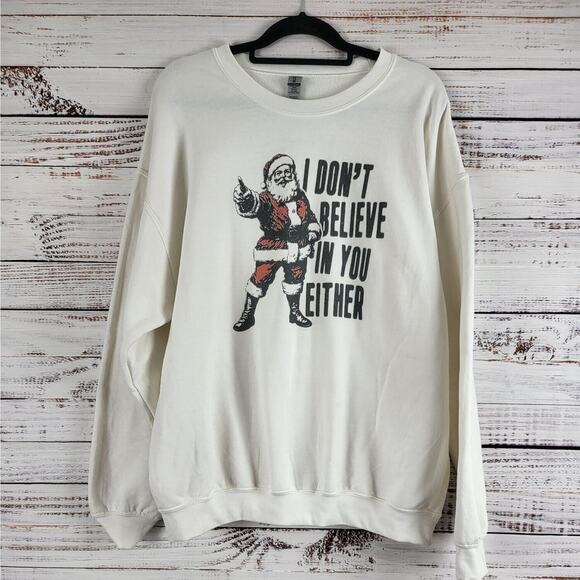 Gildan Heavy Blend Sarcastic Santa Sweatshirt XL Womens White Long Sleeve Crew - Picture 1 of 6